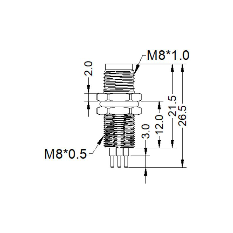 M8 6pins A code male straight rear panel mount connector, unshielded, insert